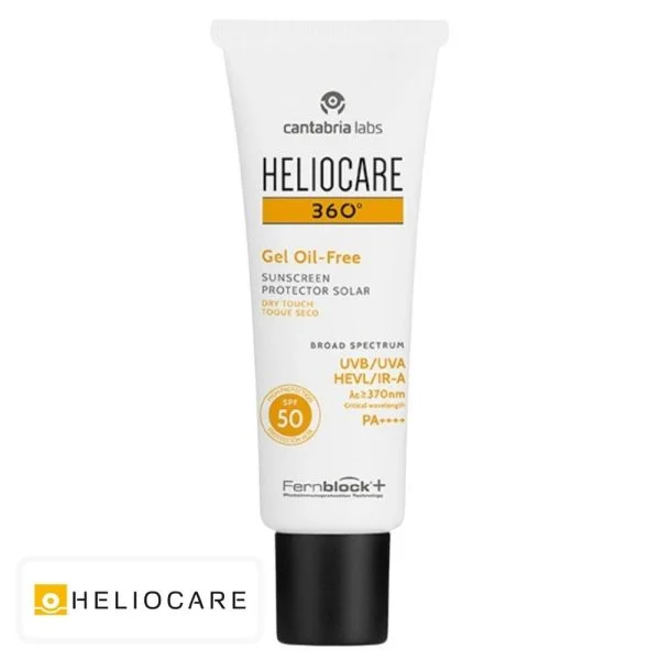 Tube blanc Heliocare 360 Gel Oil-Free SPF50 avec capuchon noir