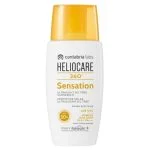 Flacon blanc Heliocare 360° Sensation SPF50+, bouchon jaune, écran solaire ultraléger