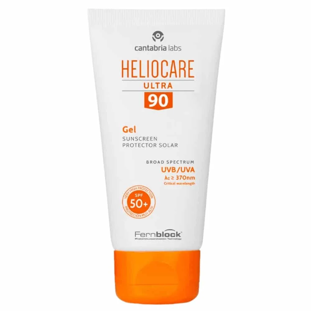 heliocare-ultra-90-gel-solaire-spf50-50ml.jpg Tube blanc Heliocare Ultra 90 Gel SPF50+, bouchon orange, écran solaire visage