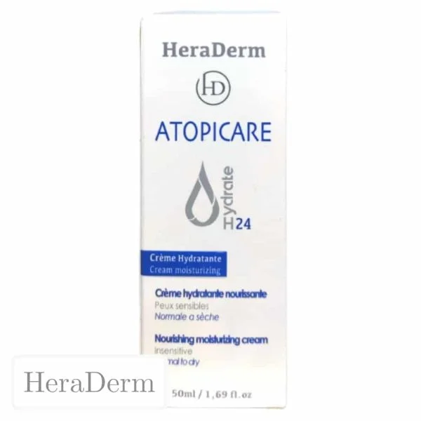 Étui blanc et bleu HeraDerm Atopicare Hydrate H24, crème hydratante, 50 ml