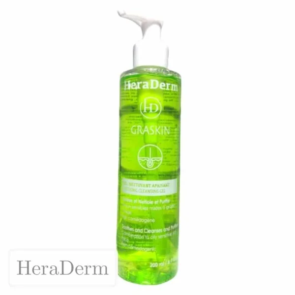 Flacon pompe transparent gel vert HeraDerm Graskin nettoyant apaisant, 200 ml