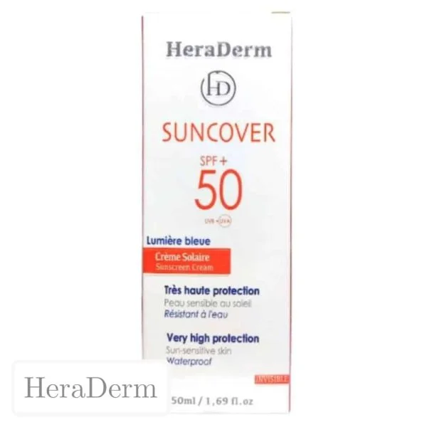 Étui blanc et rouge HeraDerm Suncover SPF50+, crème solaire invisible, 50 ml