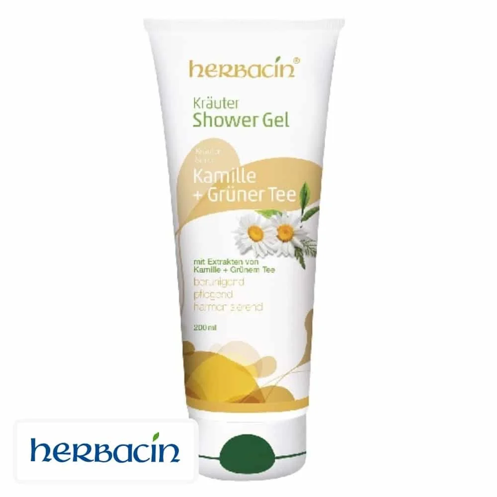 herbacin-herbal-gel-douche-camomille-et-the-vert-200ml.jpg Tube blanc et doré Herbacin gel douche camomille et thé vert