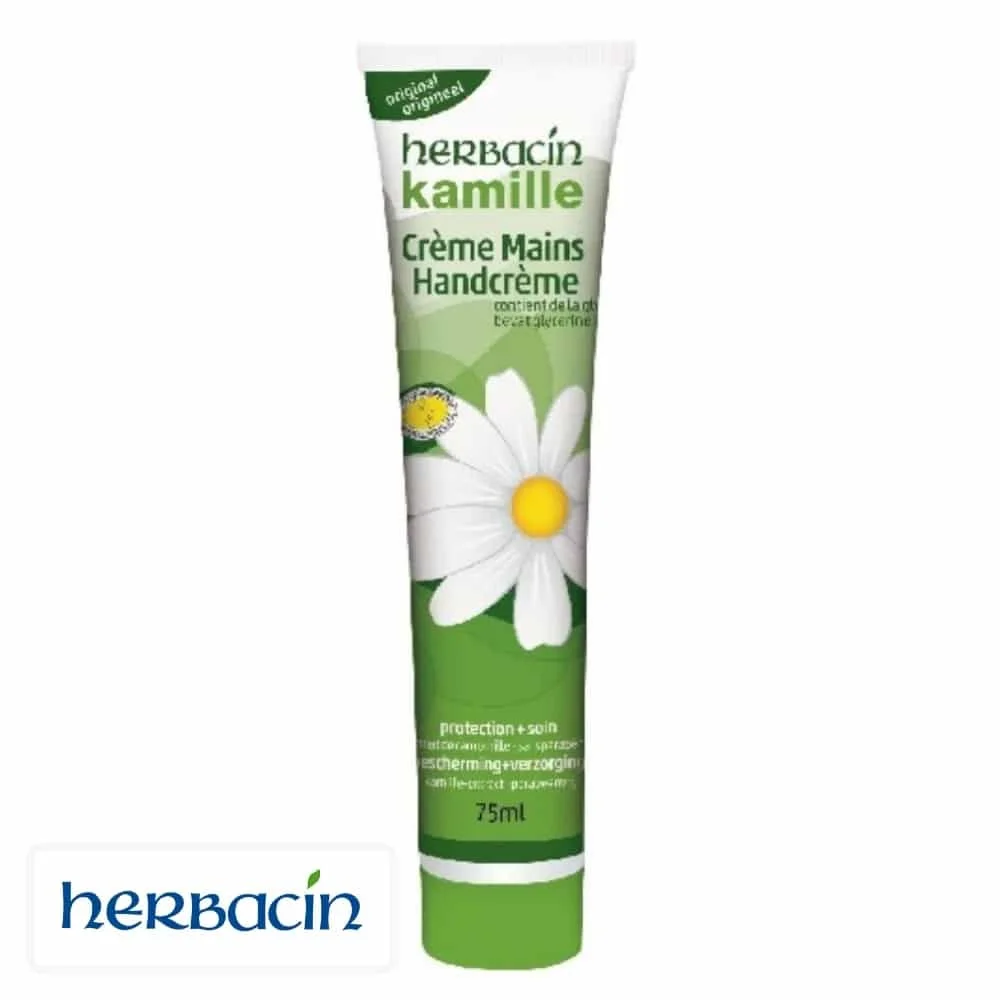herbacin-kamille-creme-mains-75ml.jpg Tube vert Herbacin Kamille crème mains à la camomille, marguerite blanche, 75 ml