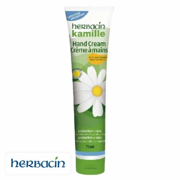 Tube vert Herbacin Kamille crème mains sans parfum, marguerite blanche, 75 ml