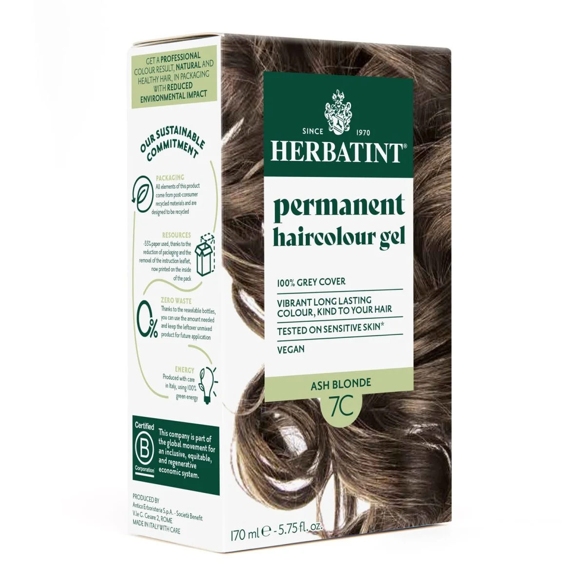 herbatint-coloration-cheveux-permanente-150ml-7c-blond-cendre.jpg Boîte Herbatint coloration permanente 7C blond cendré avec cheveux châtain cendré bouclés