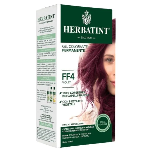 Boîte Herbatint coloration permanente FF4 violet avec portrait de femme aux cheveux prune
