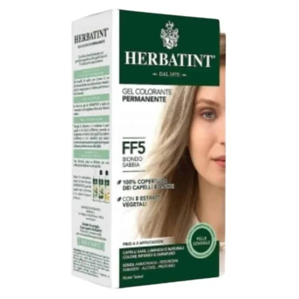 Boîte Herbatint coloration permanente FF5 blond sable avec portrait de femme blonde