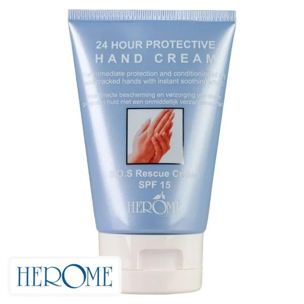 Tube bleu clair Herôme crème mains protectrice 24 heures SPF 15