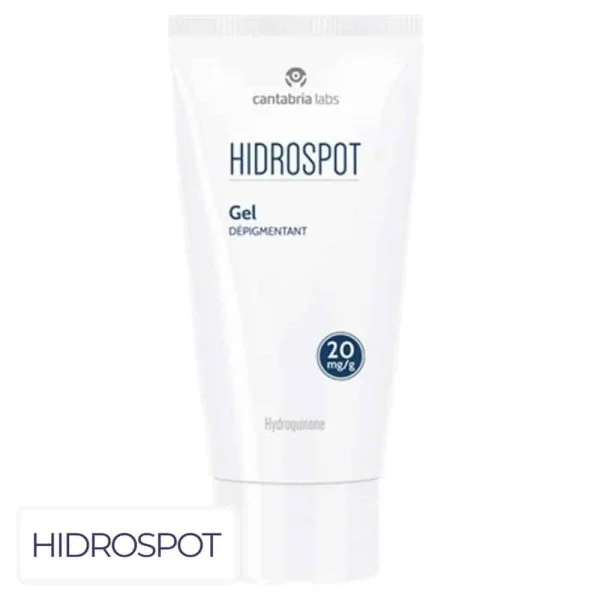 Tube blanc Hidrospot gel dépigmentant, pastille bleue 20 mg/g, hydroquinone