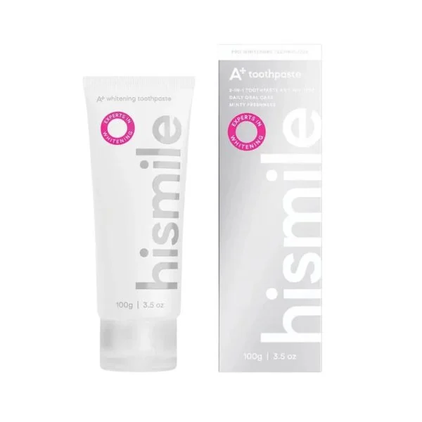 Tube blanc et étui argenté Hismile dentifrice A+ whitening 100 g