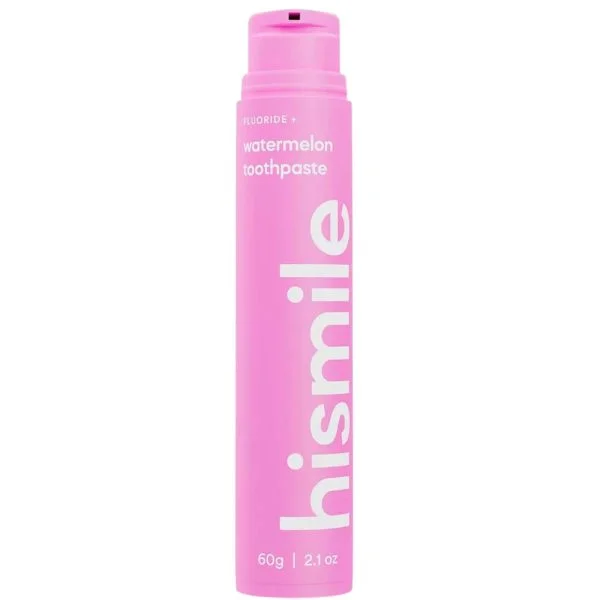 Flacon pompe rose Hismile dentifrice watermelon 60 g, texture fouettée