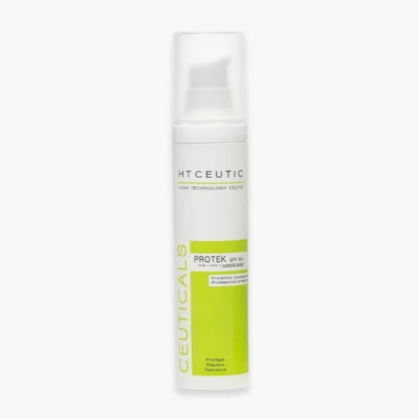 Flacon pompe blanc et vert HT Ceutic Protek SPF 50+, protection professionnelle