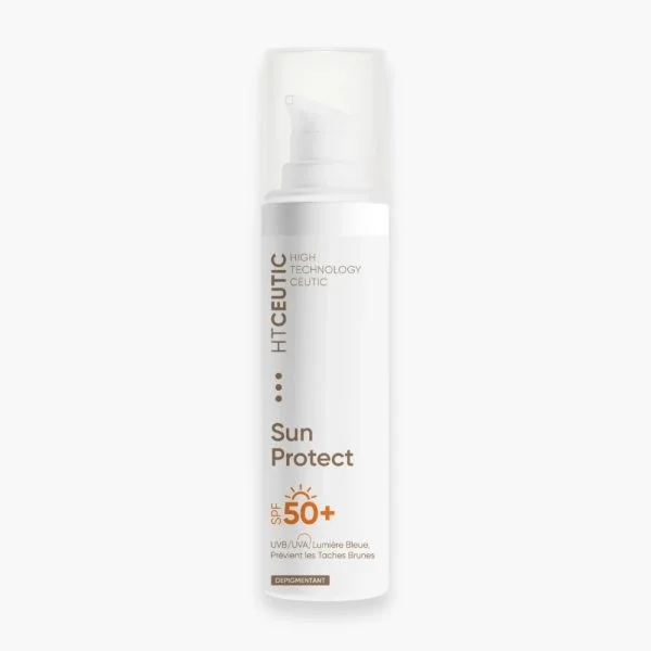 Flacon pompe blanc HT Ceutic Sun Protect SPF 50+, mention dépigmentant, 50 ml