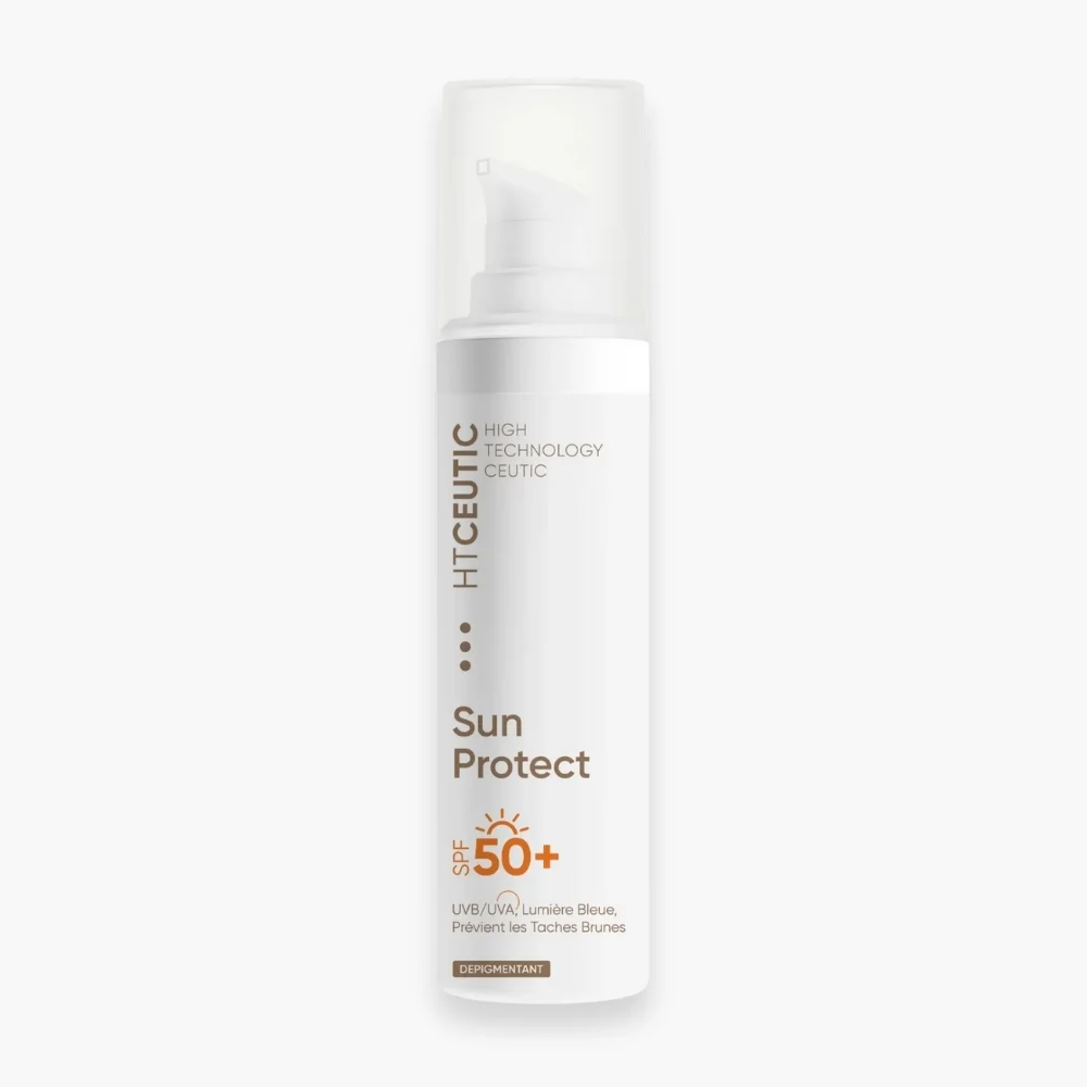 ht-ceutic-sun-protect-solaire-spf50-50ml.jpg Flacon pompe blanc HT Ceutic Sun Protect SPF 50+, mention dépigmentant, 50 ml