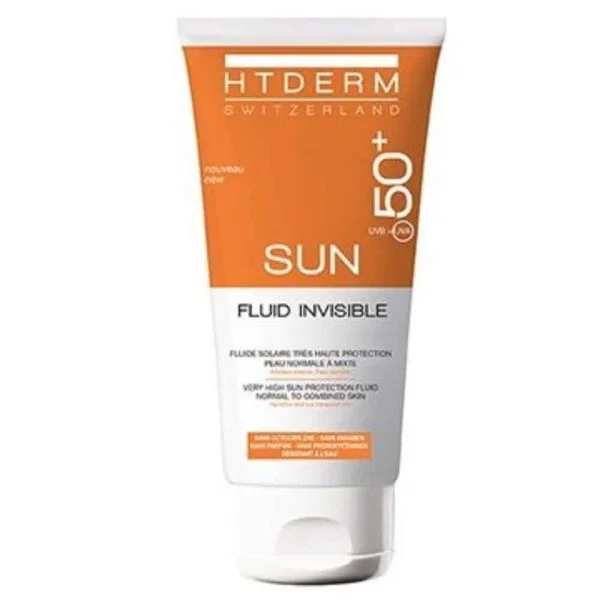 Tube orange et blanc HT Derm Sun Fluid Invisible SPF 50+, 50 ml