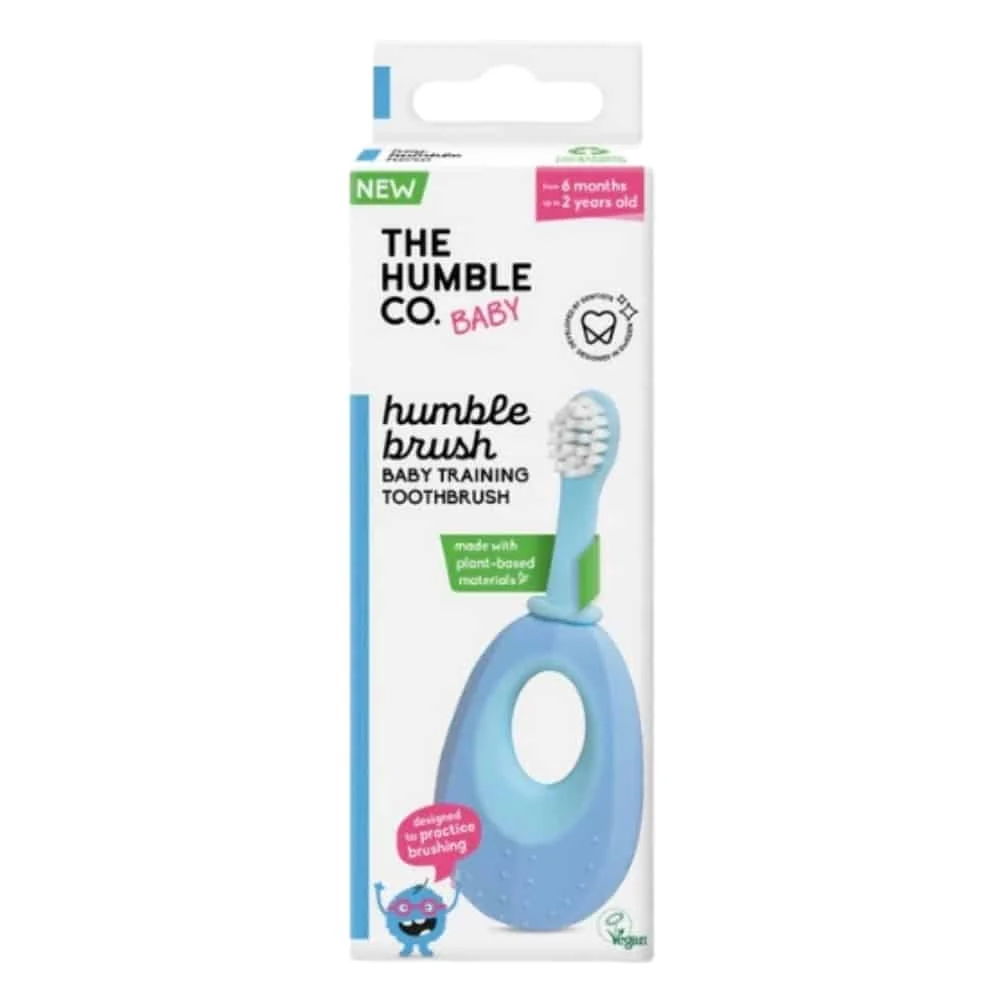 humble-baby-brosse-a-dents-bleue-1u.jpg Étui blanc et bleu Humble Brush Baby, brosse d'apprentissage à anneau de préhension