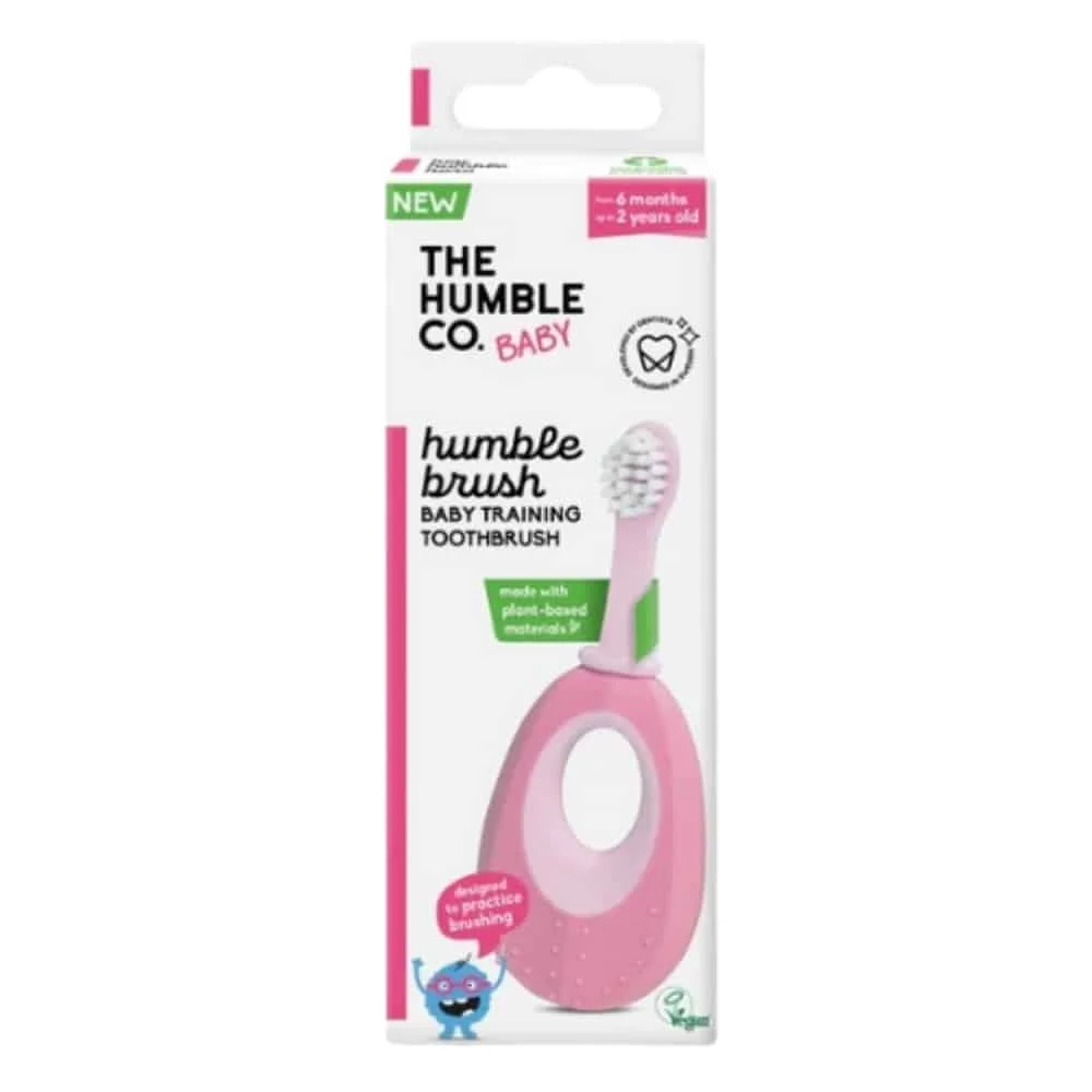 humble-baby-brosse-a-dents-rose-1u.jpg Étui blanc et rose Humble Brush Baby, brosse d'apprentissage à anneau de préhension