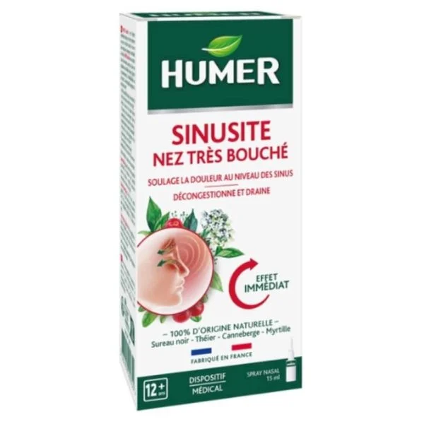 Étui blanc et vert Humer Sinusite, plantes et sinus illustrés, 15 ml