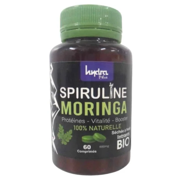 Flacon verre teinté bouchon vert Hydra Plus Spiruline Moringa, 60 comprimés