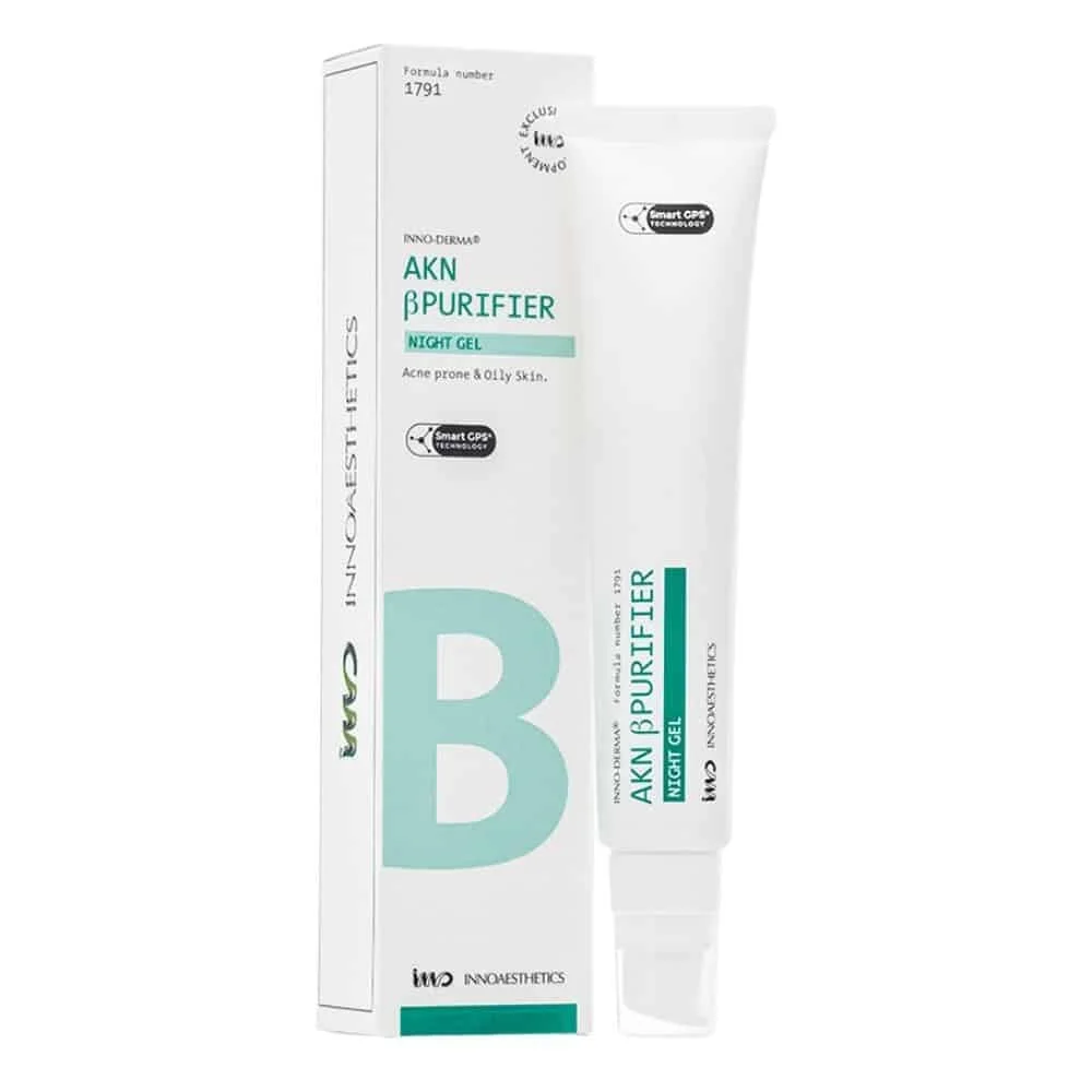 innoaesthetics-akn-b-gel-de-nuit-purifiant-50g.jpg Étui et tube blancs Innoaesthetics AKN B Purifier night gel, lettre B verte