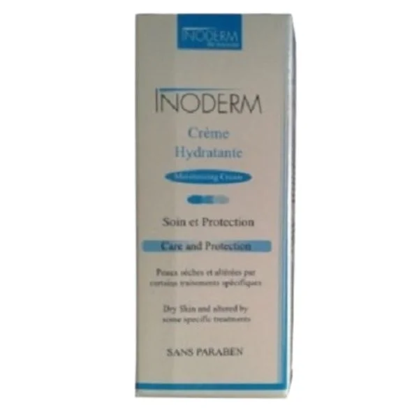 Étui blanc et bleu Inoderm crème hydratante soin et protection, mention sans paraben