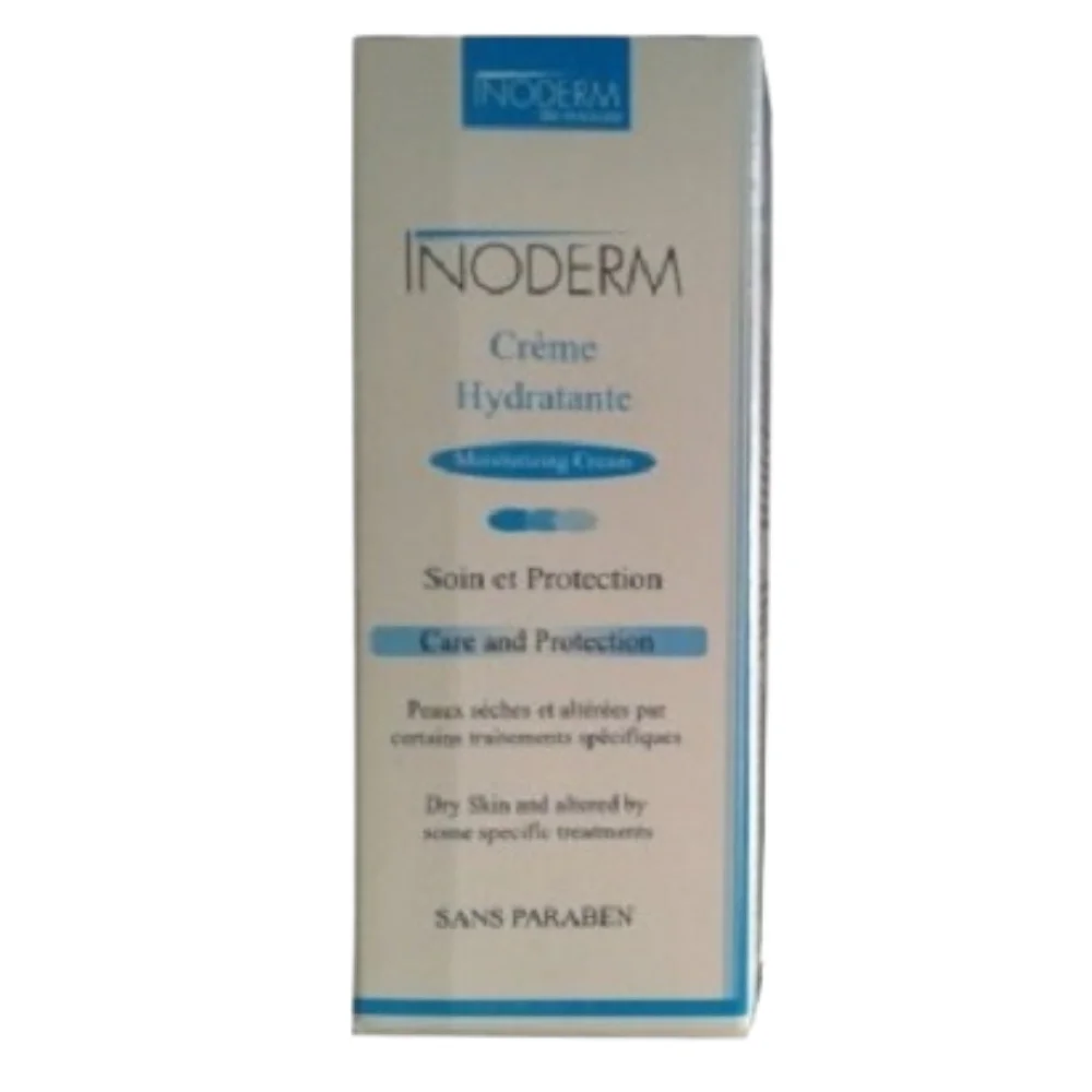 inoderm-creme-hydratante-soin-et-protection-50ml.jpg Étui blanc et bleu Inoderm crème hydratante soin et protection, mention sans paraben