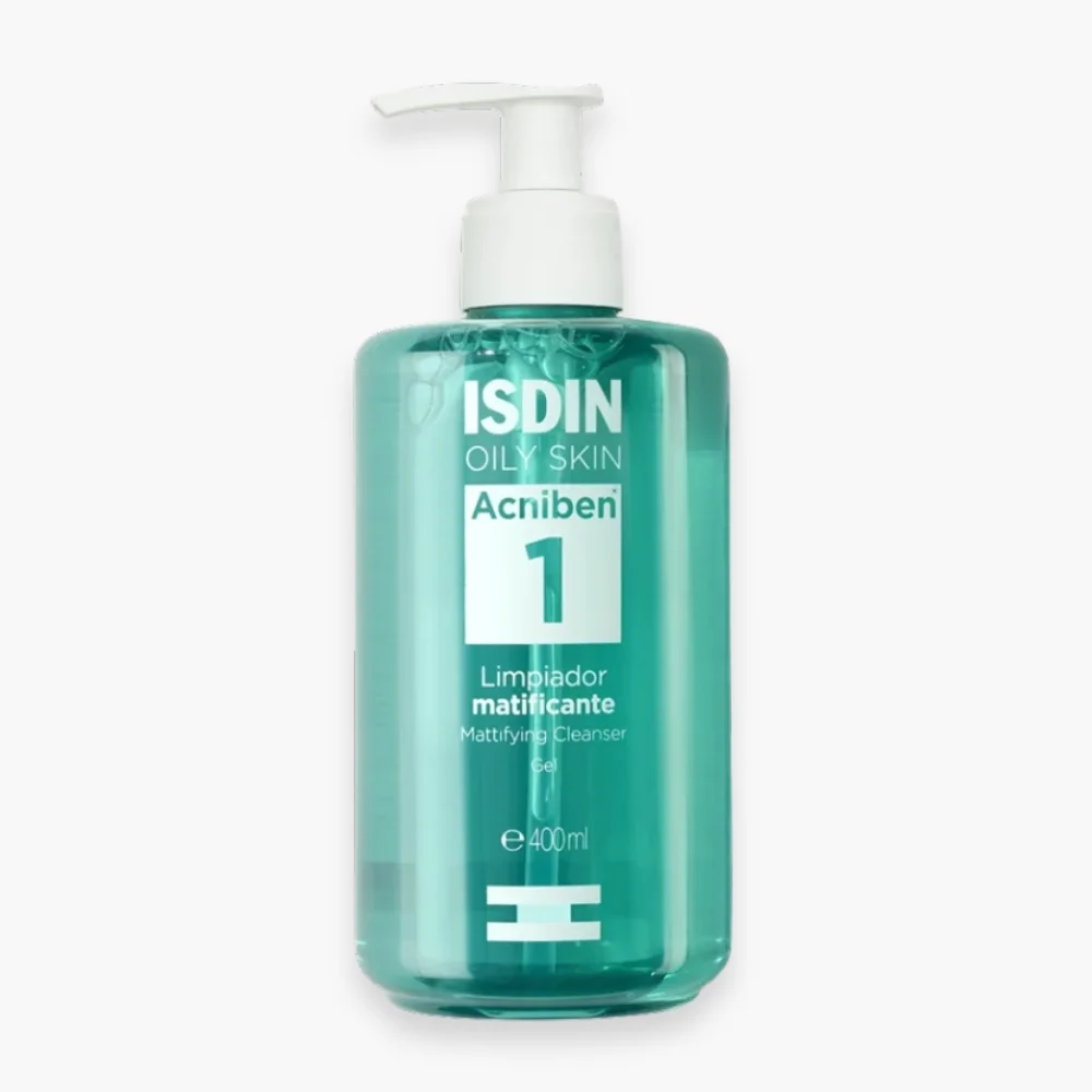 isdin-acniben-1-gel-nettoyant-matifiant-400ml.jpg Flacon pompe vert transparent ISDIN Acniben 1 gel nettoyant matifiant 400 ml
