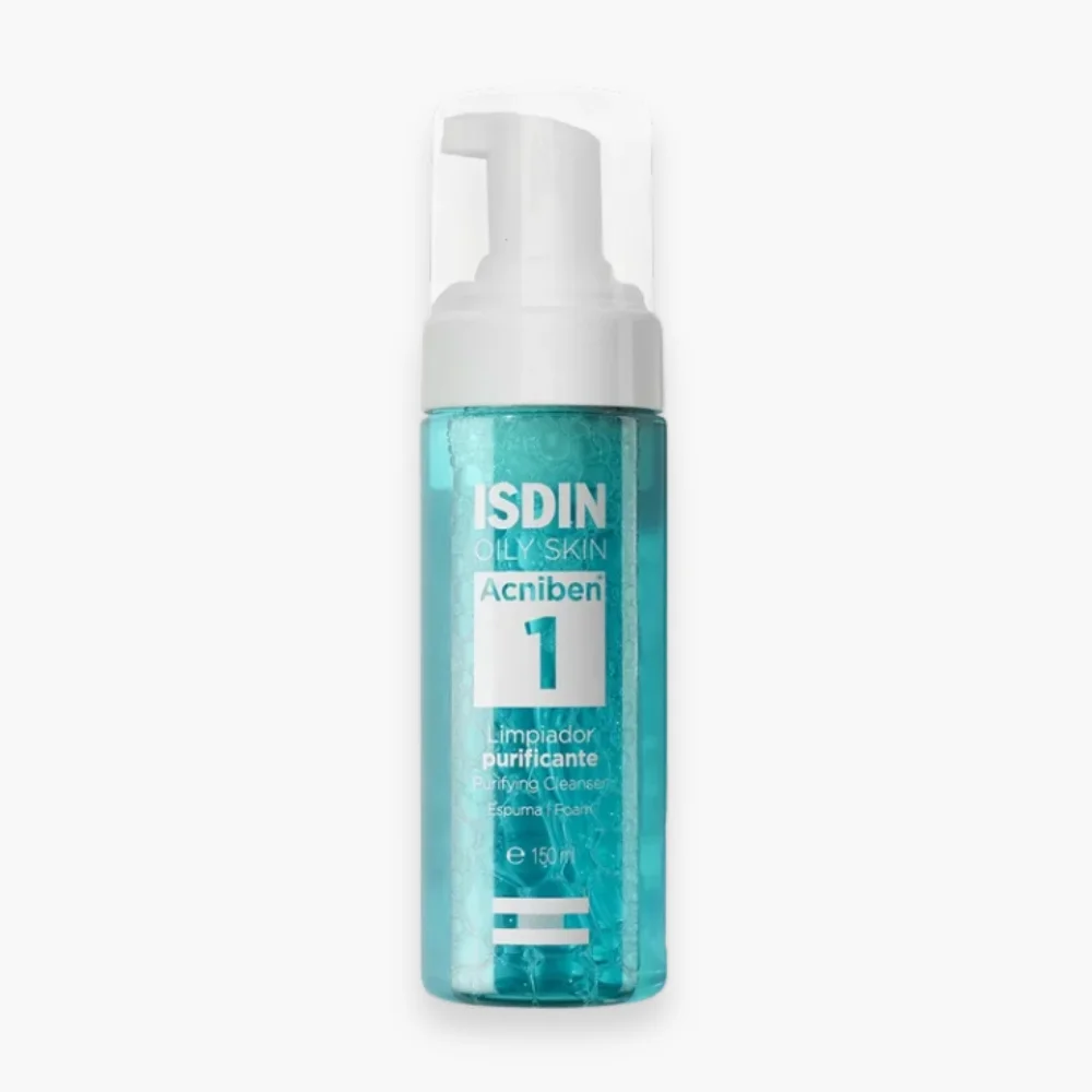 isdin-acniben-1-mousse-nettoyante-purifiante-150ml.jpg Flacon moussant turquoise ISDIN Acniben 1 mousse nettoyante purifiante 150 ml