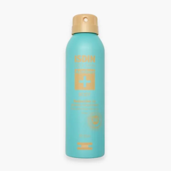 Spray turquoise et doré ISDIN Acniben+ Body corps anti-imperfections 150 ml
