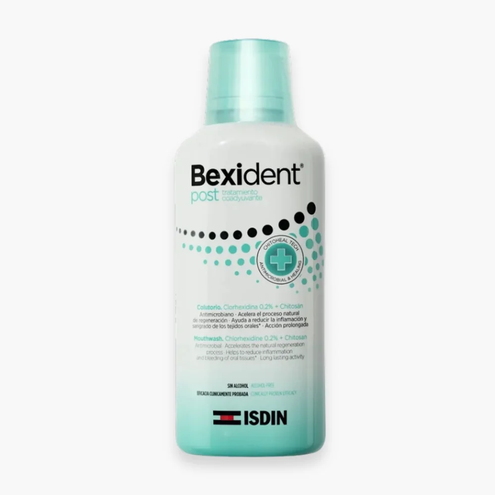 isdin-bexident-bain-de-bouche-adjuvant-post-traitement-250ml.jpg Flacon blanc et vert d'eau ISDIN Bexident Post bain de bouche chlorhexidine