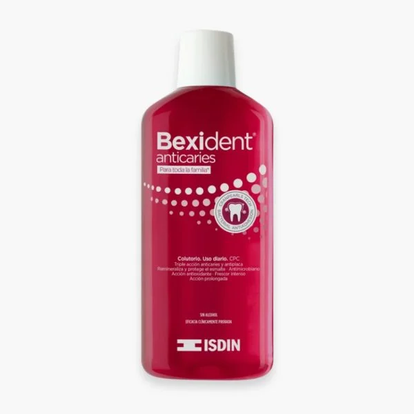 Flacon rouge ISDIN Bexident Anticaries bain de bouche famille 500 ml