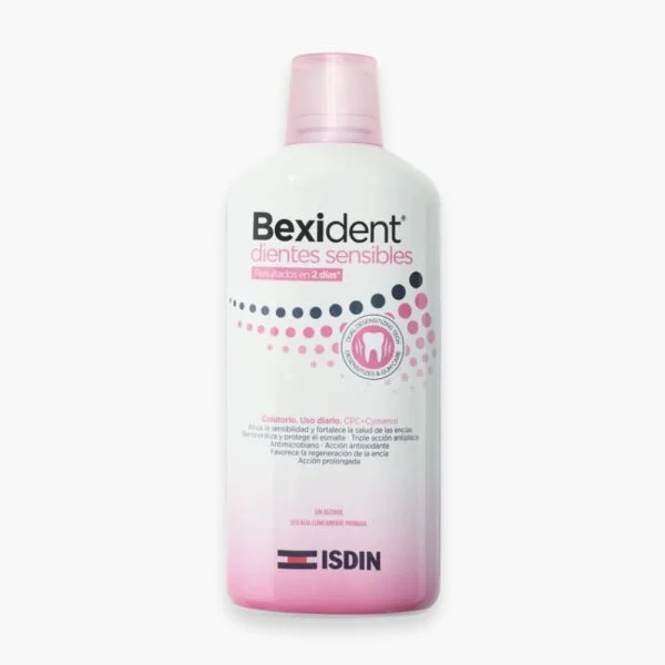 Flacon blanc et rose ISDIN Bexident bain de bouche dents sensibles