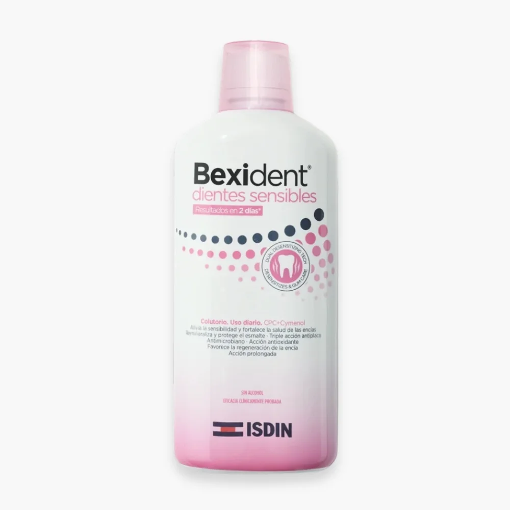 isdin-bexident-bain-de-bouche-dents-sensibles-250ml.jpg Flacon blanc et rose ISDIN Bexident bain de bouche dents sensibles
