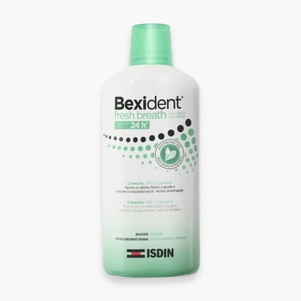 Flacon blanc et vert ISDIN Bexident Fresh Breath bain de bouche 500 ml