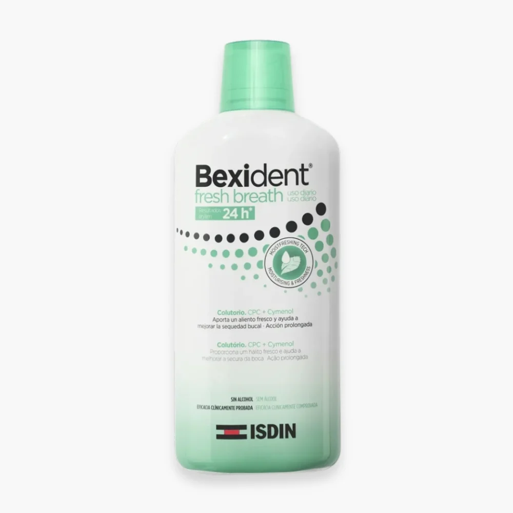 isdin-bexident-bain-de-bouche-haleine-fraiche-500ml.jpg Flacon blanc et vert ISDIN Bexident Fresh Breath bain de bouche 500 ml