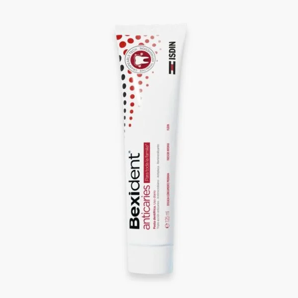 Tube blanc et rouge ISDIN Bexident Anticaries dentifrice famille 125 ml