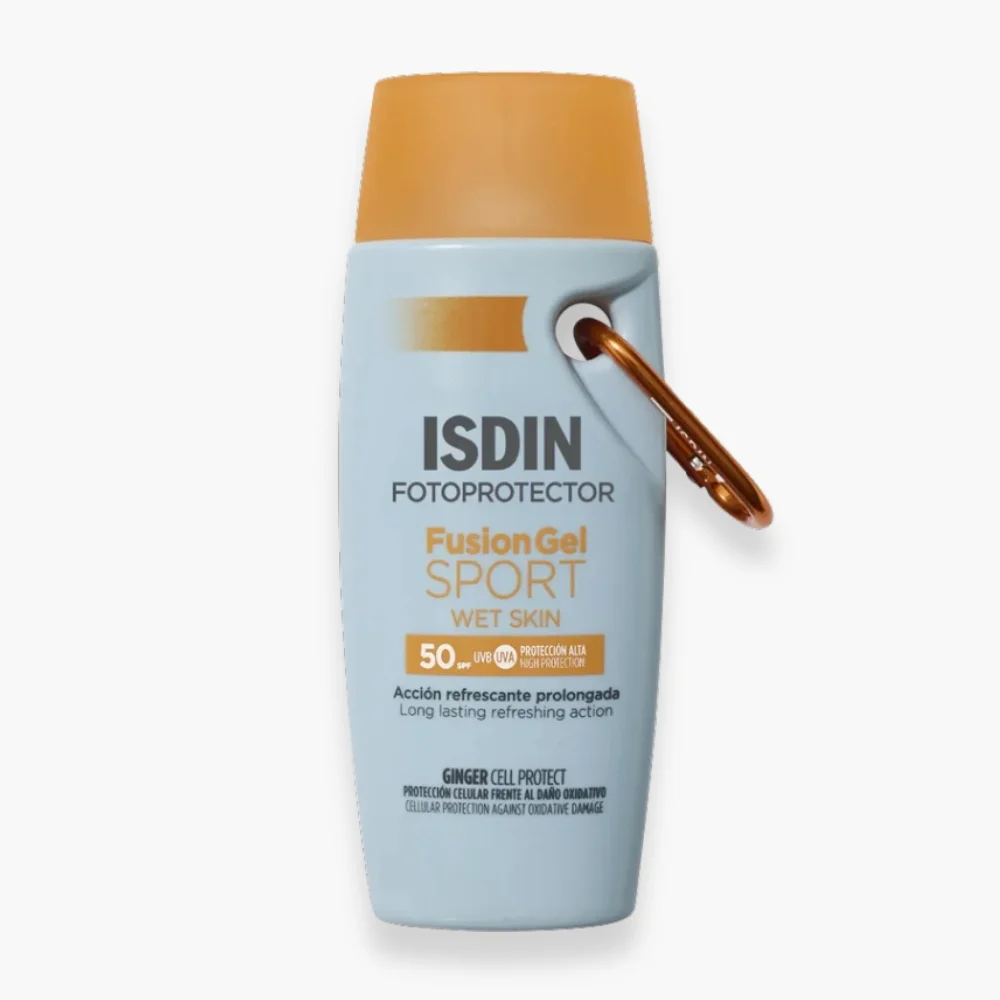 isdin-fotoprotector-fusion-gel-sport-slaire-wet-skin-spf50-100ml.jpg Flacon bleu ISDIN Fusion Gel Sport Wet Skin SPF50 avec mousqueton