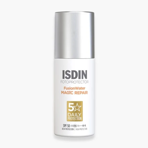 Flacon pompe blanc ISDIN Fusion Water Magic Repair SPF50 50 ml