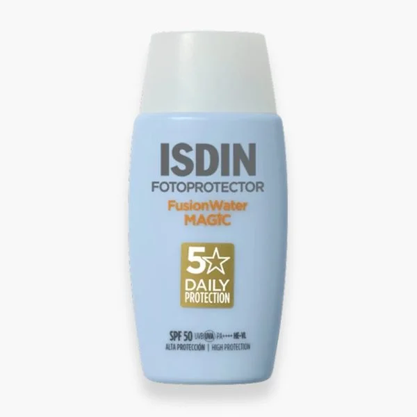 Flacon bleu clair ISDIN Fotoprotector Fusion Water Magic, bouchon transparent