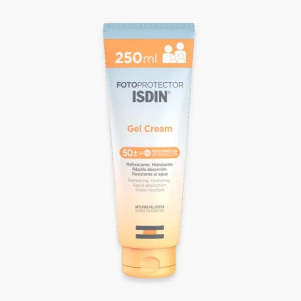 Tube orange et bleu ISDIN Fotoprotector Gel Cream SPF50+ 250 ml