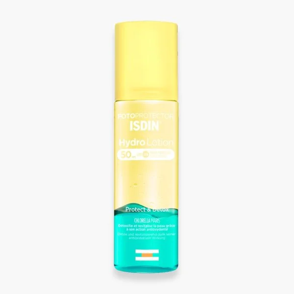 Flacon spray jaune et bleu ISDIN Fotoprotector Hydro Lotion SPF50 200ml
