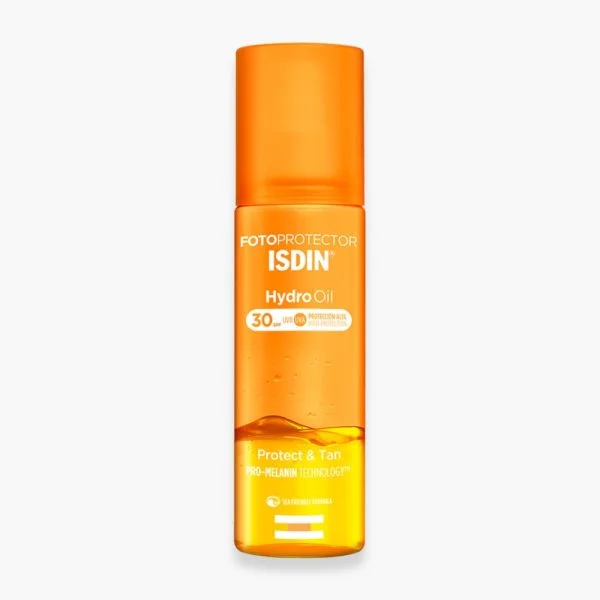 Flacon spray orange ISDIN Fotoprotector Hydro Oil SPF30 huile solaire 200ml