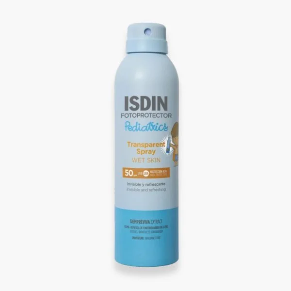 Aérosol bleu ISDIN Fotoprotector Pediatrics Transparent Spray Wet Skin SPF50