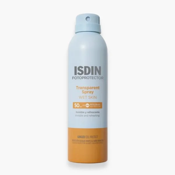 Aérosol bleu clair et orange ISDIN Fotoprotector Transparent Spray Wet Skin SPF50