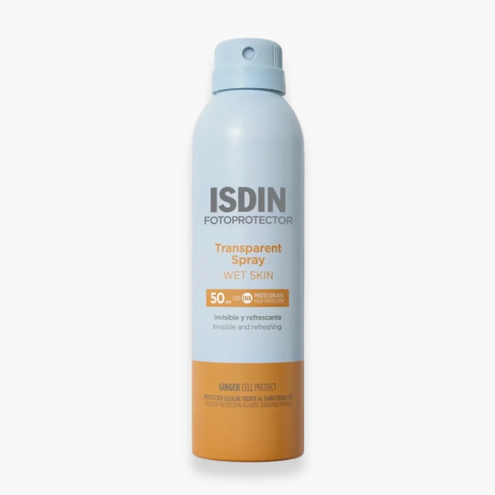 isdin-fotoprotector-spray-wet-skin-solaire-spf50-250ml-destockage.jpg Aérosol bleu clair et orange ISDIN Fotoprotector Transparent Spray Wet Skin SPF50
