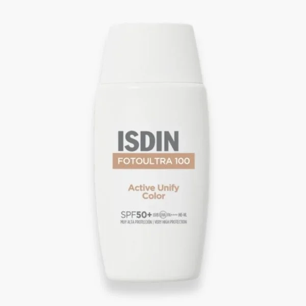 Flacon blanc ISDIN Fotoultra 100 Active Unify Color SPF50+ 50 ml