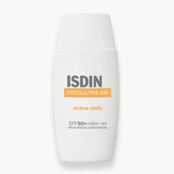 Flacon blanc ISDIN Fotoultra 100 Active Unify SPF50+ 50 ml