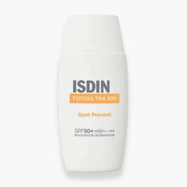 Flacon blanc ISDIN Fotoultra 100 Spot Prevent SPF50+ 50 ml