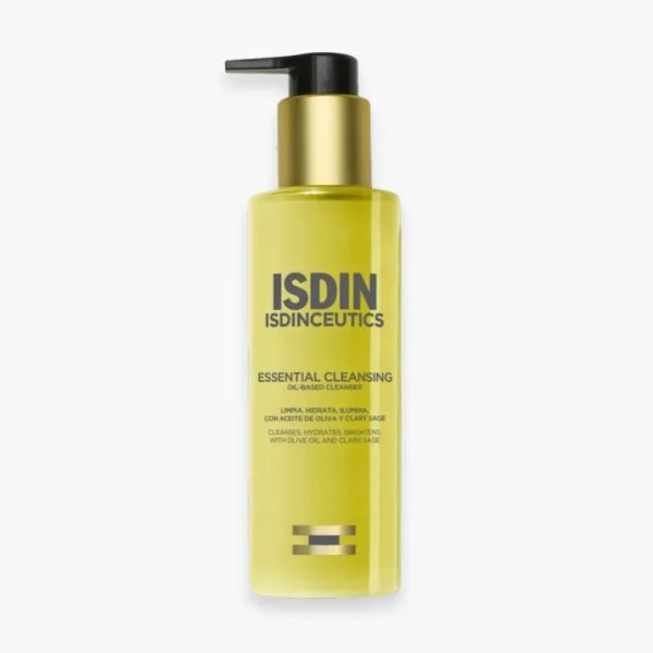 Flacon pompe jaune ISDIN Isdinceutics Essential Cleansing huile nettoyante 200ml